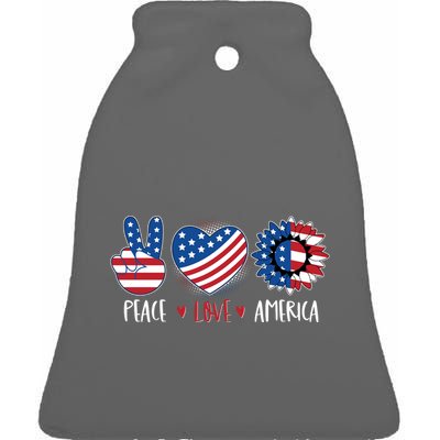 Fourth Of July Peace Love America Ceramic Bell Ornament