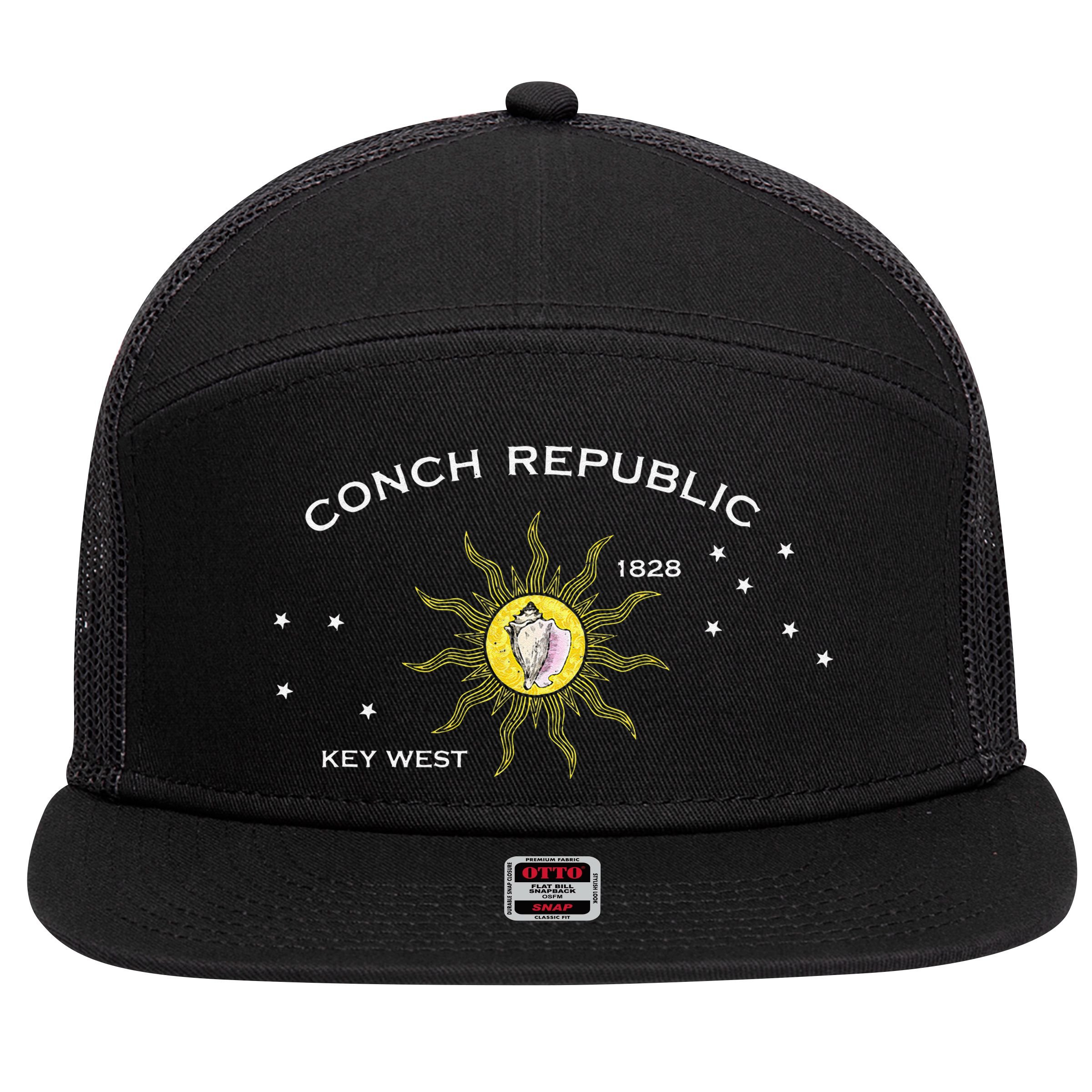 FLAG OF KEY WEST FLORIDA CONCH REPUBLIC 7 Panel Mesh Trucker Snapback Hat