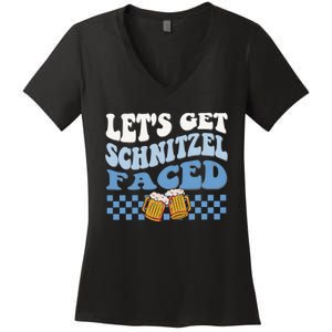 Funny Oktoberfest Lets Get Schnitzel Faced Oktoberfest Drinking Team Women's V-Neck T-Shirt