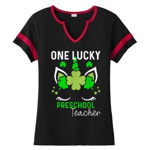 Funny One Lucky Preschool Teacher St. Patricks Day Irish Ladies Halftime Notch Neck Tee