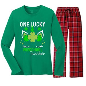 Funny One Lucky Preschool Teacher St. Patricks Day Irish Women's Long Sleeve Flannel Pajama Set 