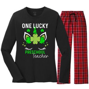 Funny One Lucky Preschool Teacher St. Patricks Day Irish Women's Long Sleeve Flannel Pajama Set 