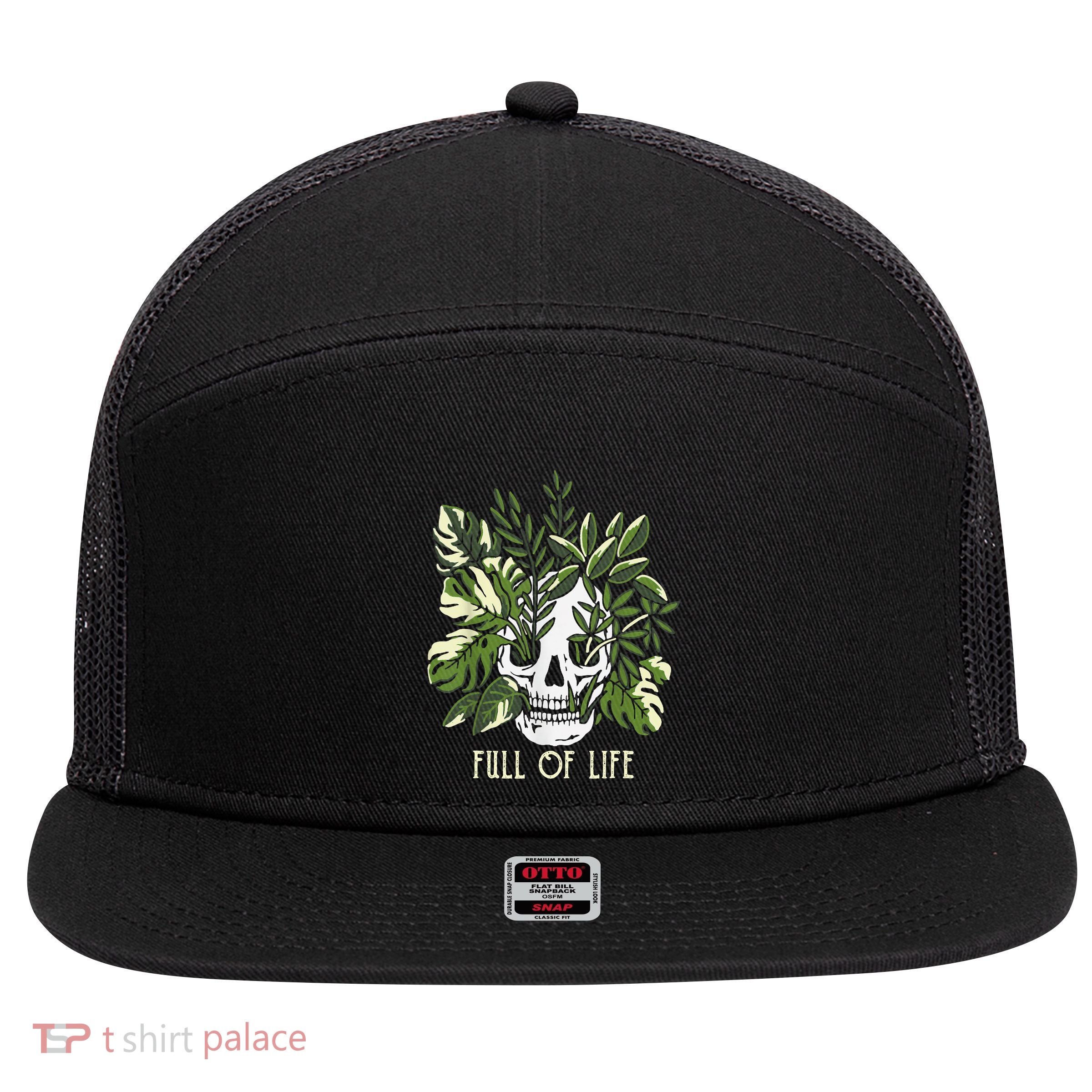 Full Of Life Skull Gardening Garden Leaves Nature 7 Panel Mesh Trucker Snapback Hat