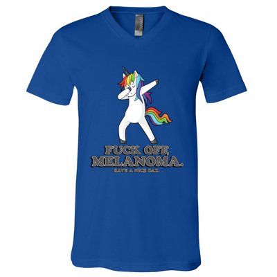 Fuck Off Melanoma Funny Cancer Survivor Quote Unicorn Meaningful Gift V-Neck T-Shirt