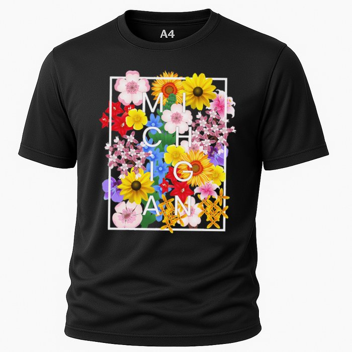 Flowers Of Michigan Word Art Michigander Pride Cooling Performance Crew T-Shirt