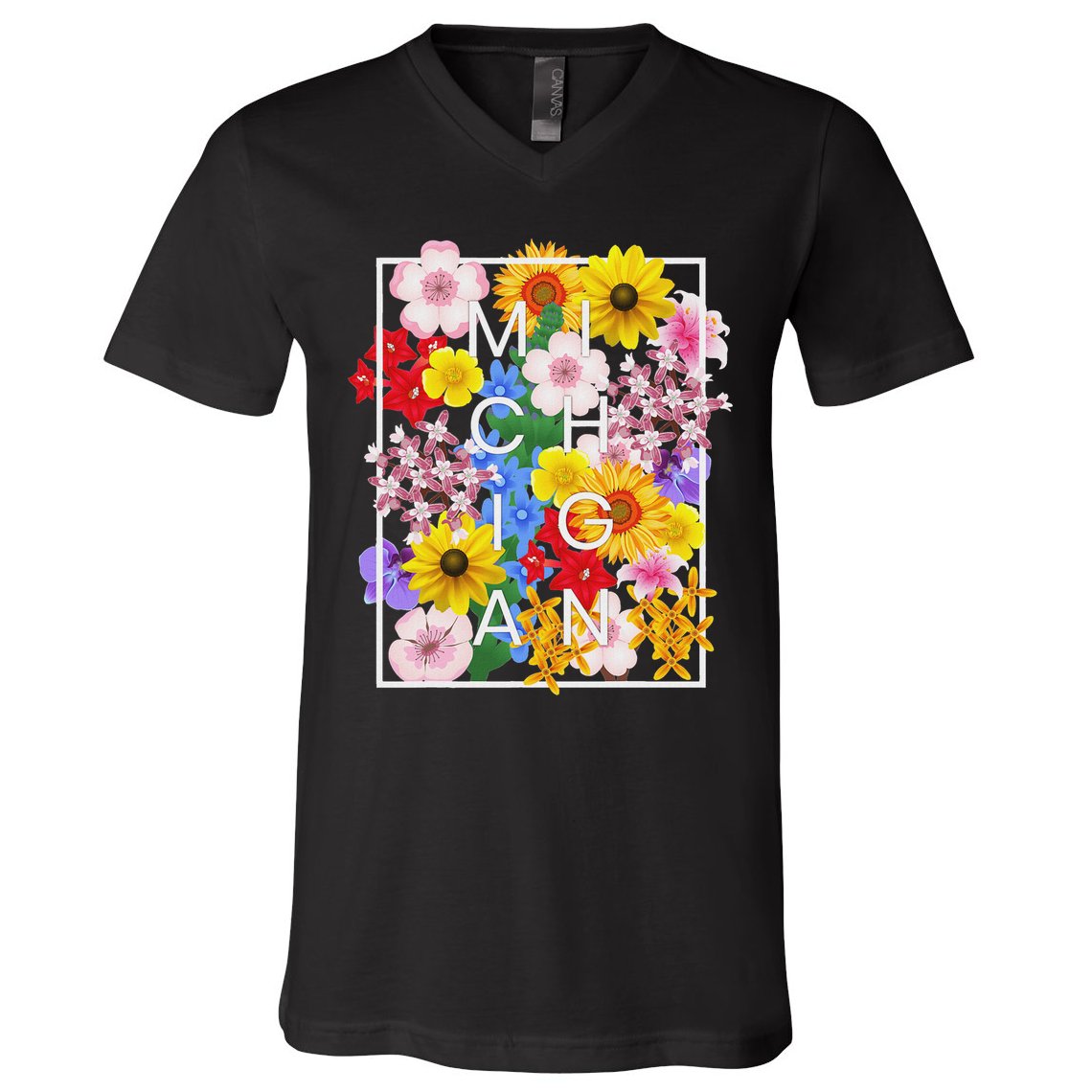 Flowers Of Michigan Word Art Michigander Pride V-Neck T-Shirt