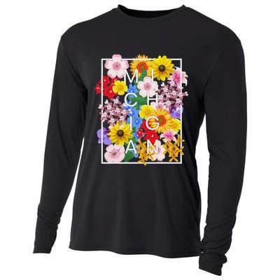 Flowers Of Michigan Word Art Michigander Pride Cooling Performance Long Sleeve Crew