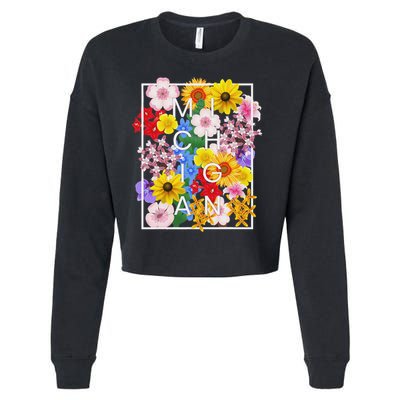 Flowers Of Michigan Word Art Michigander Pride Cropped Pullover Crew