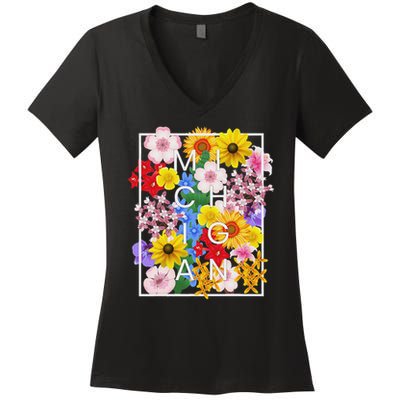 Flowers Of Michigan Word Art Michigander Pride Women's V-Neck T-Shirt