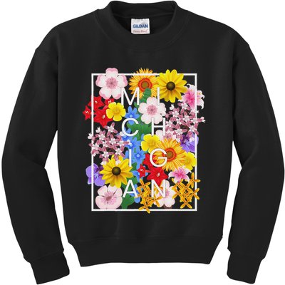 Flowers Of Michigan Word Art Michigander Pride Kids Sweatshirt