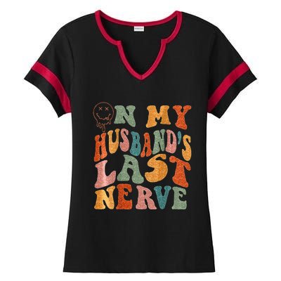 Funny On My Husbands Last Nerve Groovy On Back Ladies Halftime Notch Neck Tee