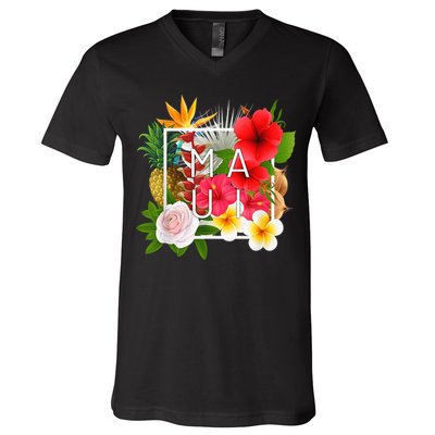 Flowers of Maui Word Art - Hawaiian Island Souvenir V-Neck T-Shirt