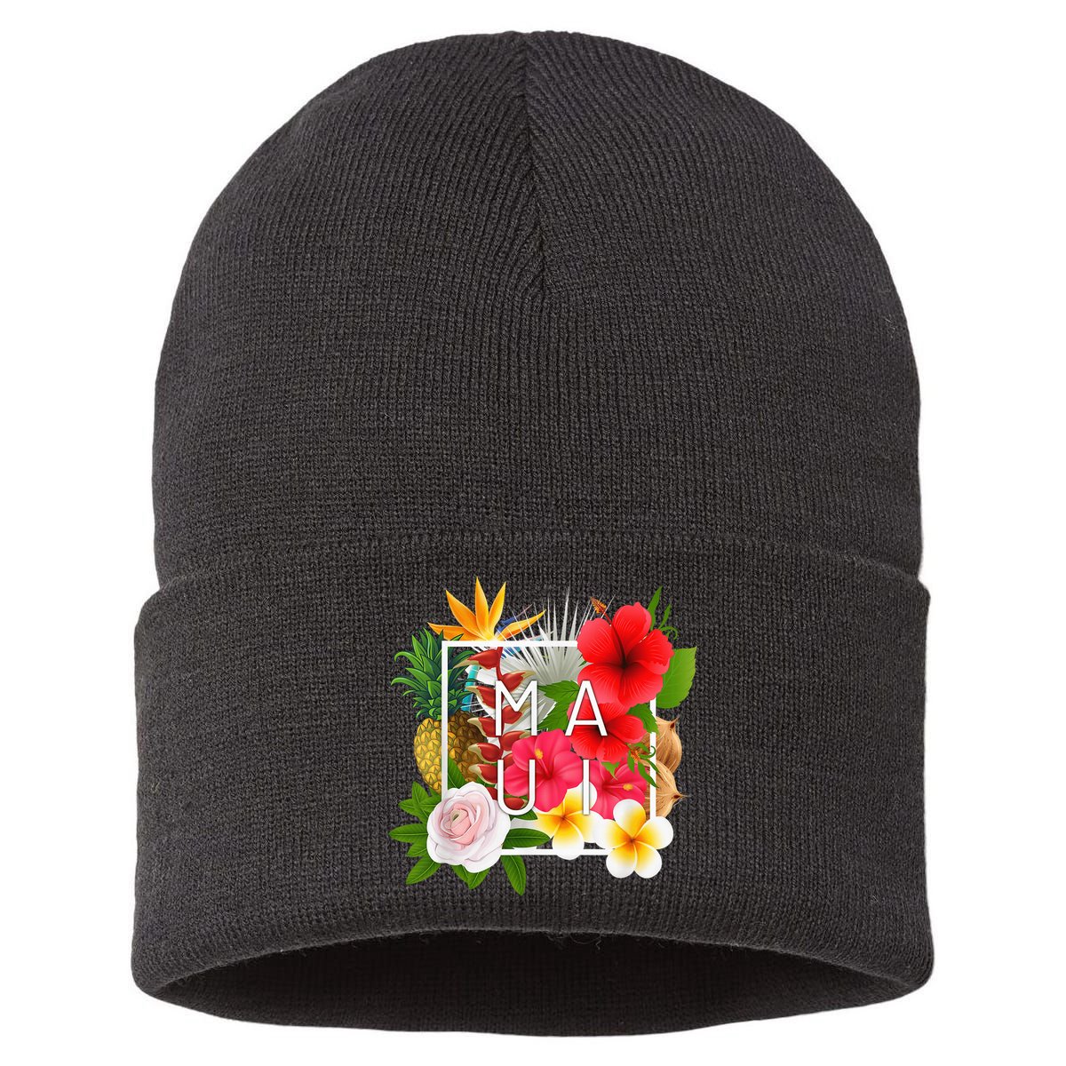 Flowers of Maui Word Art - Hawaiian Island Souvenir Sustainable Knit Beanie