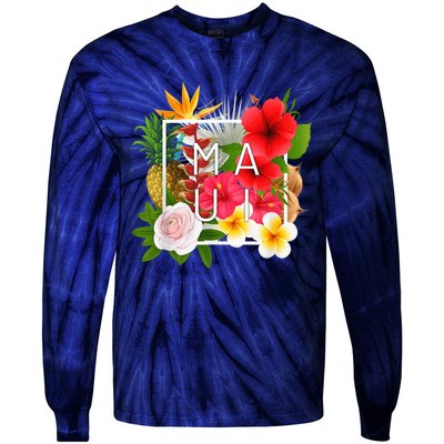 Flowers of Maui Word Art - Hawaiian Island Souvenir Tie-Dye Long Sleeve Shirt