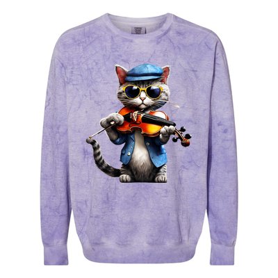 Funny Orchestra Musician Violinist Cat Playing Violin Gift Colorblast Crewneck Sweatshirt