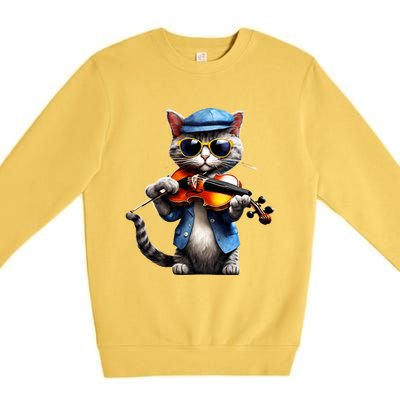 Funny Orchestra Musician Violinist Cat Playing Violin Gift Premium Crewneck Sweatshirt