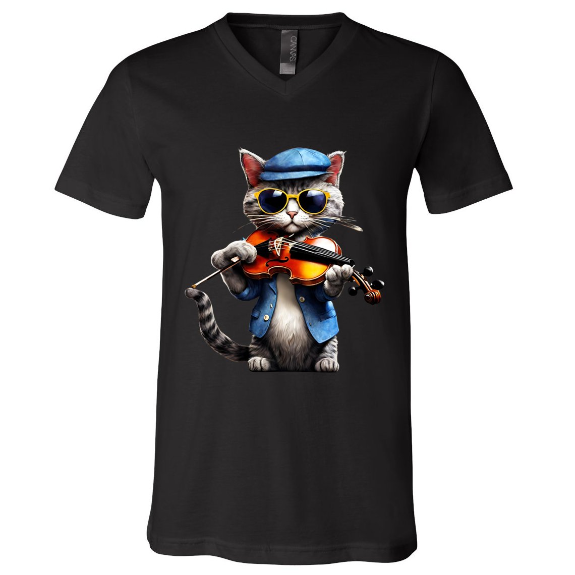 Funny Orchestra Musician Violinist Cat Playing Violin Gift V-Neck T-Shirt