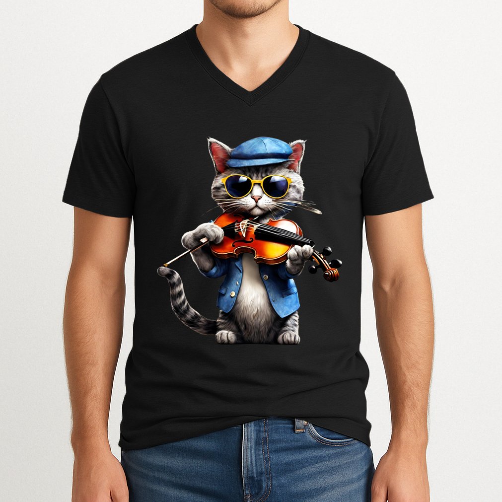Funny Orchestra Musician Violinist Cat Playing Violin Gift V-Neck T-Shirt