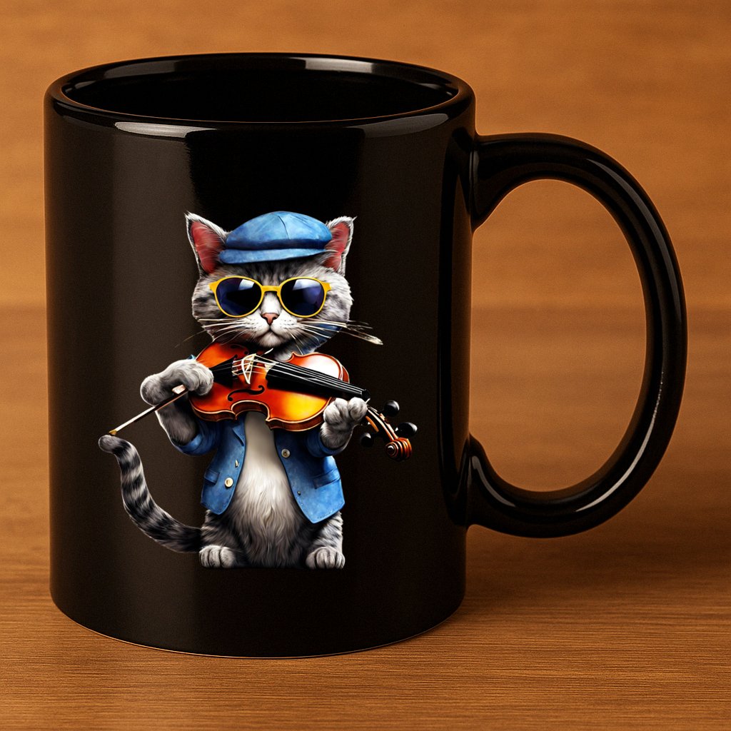 Funny Orchestra Musician Violinist Cat Playing Violin Gift 11oz C Handle Ceramic Mug