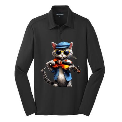 Funny Orchestra Musician Violinist Cat Playing Violin Gift Silk Touch Performance Long Sleeve Polo