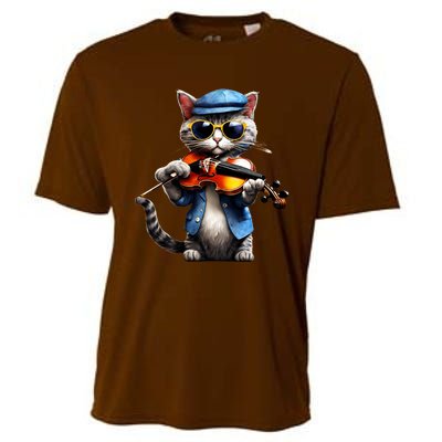 Funny Orchestra Musician Violinist Cat Playing Violin Gift Cooling Performance Crew T-Shirt