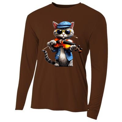 Funny Orchestra Musician Violinist Cat Playing Violin Gift Cooling Performance Long Sleeve Crew