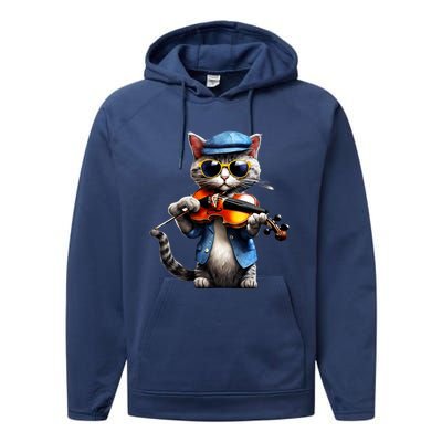 Funny Orchestra Musician Violinist Cat Playing Violin Gift Performance Fleece Hoodie