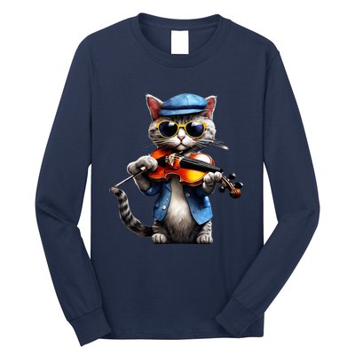 Funny Orchestra Musician Violinist Cat Playing Violin Gift Long Sleeve Shirt