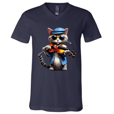 Funny Orchestra Musician Violinist Cat Playing Violin Gift V-Neck T-Shirt