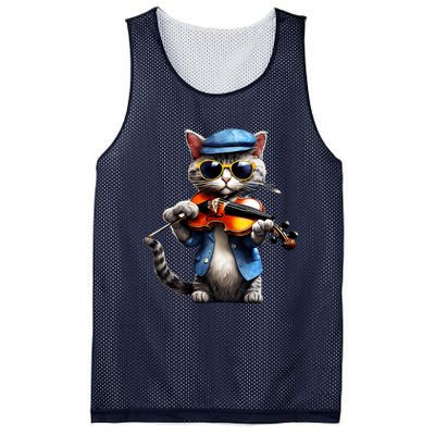 Funny Orchestra Musician Violinist Cat Playing Violin Gift Mesh Reversible Basketball Jersey Tank