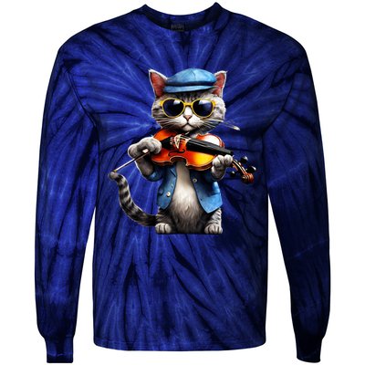 Funny Orchestra Musician Violinist Cat Playing Violin Gift Tie-Dye Long Sleeve Shirt