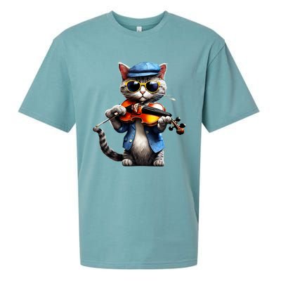 Funny Orchestra Musician Violinist Cat Playing Violin Gift Sueded Cloud Jersey T-Shirt