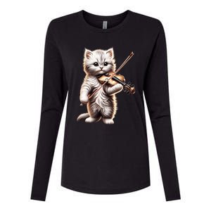 Funny Orchestra Musician Violinist Cute Cat Playing Violin Womens Cotton Relaxed Long Sleeve T-Shirt