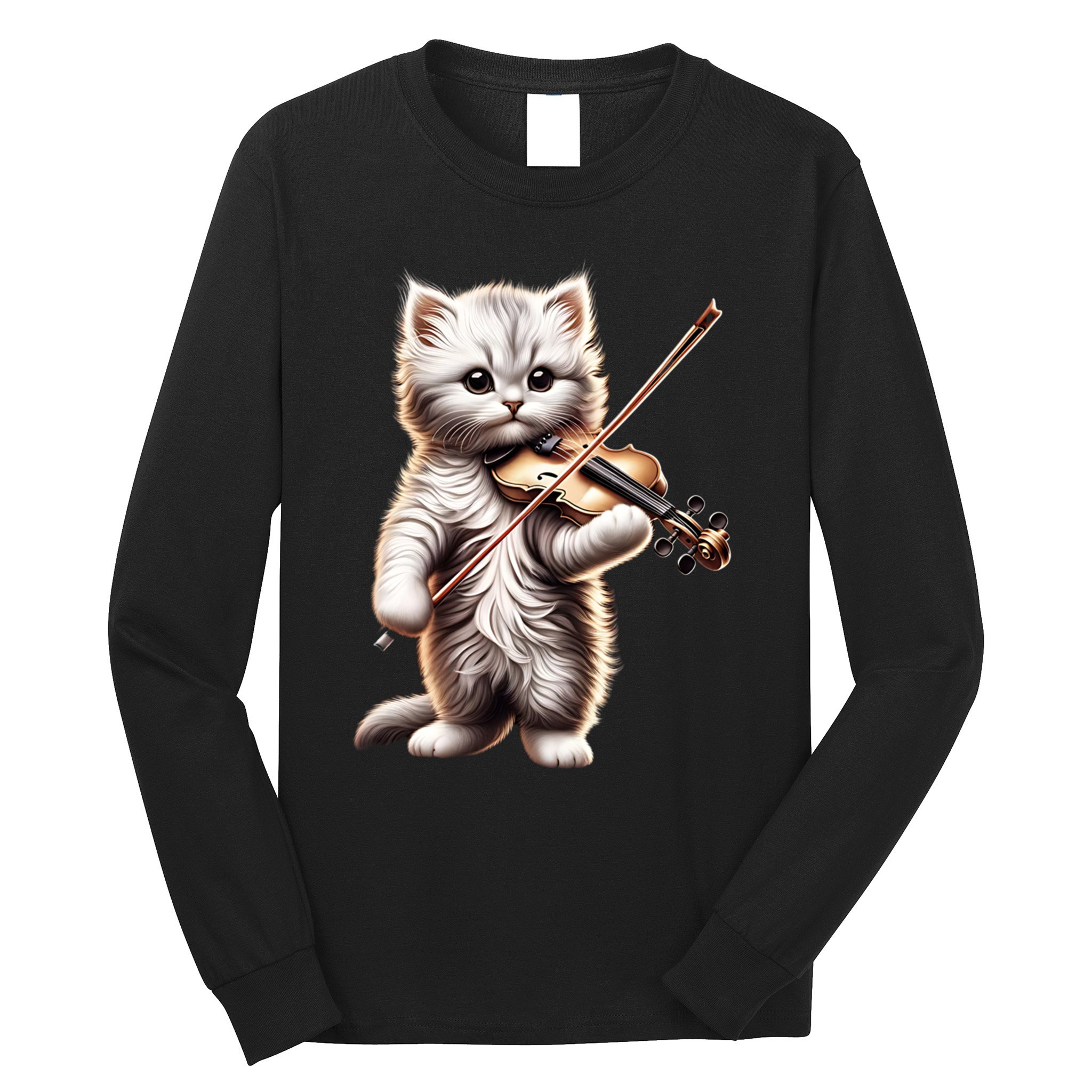 Funny Orchestra Musician Violinist Cute Cat Playing Violin Long Sleeve Shirt
