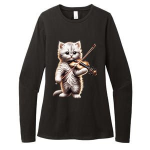 Funny Orchestra Musician Violinist Cute Cat Playing Violin Womens CVC Long Sleeve Shirt