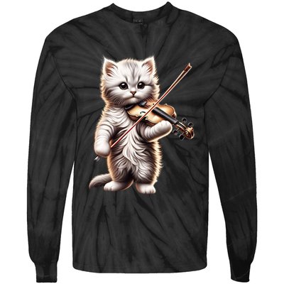 Funny Orchestra Musician Violinist Cute Cat Playing Violin Tie-Dye Long Sleeve Shirt