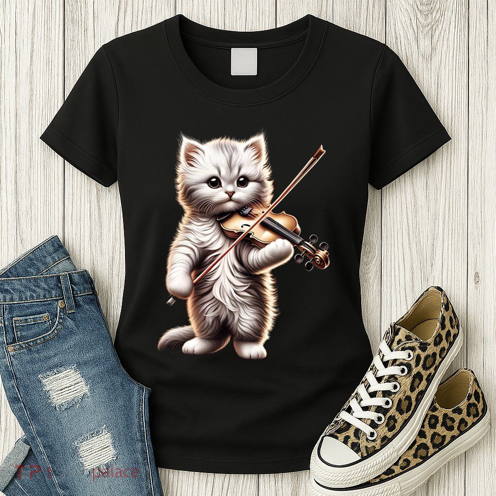 Funny Orchestra Musician Violinist Cute Cat Playing Violin Womens T-Shirt