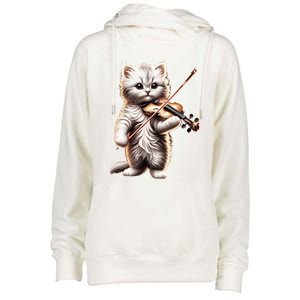 Funny Orchestra Musician Violinist Cute Cat Playing Violin Womens Funnel Neck Pullover Hood