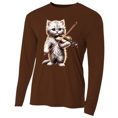 Funny Orchestra Musician Violinist Cute Cat Playing Violin Cooling Performance Long Sleeve Crew