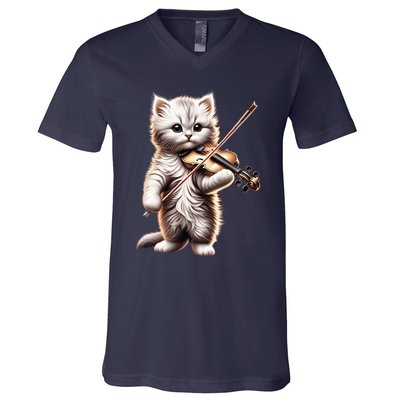 Funny Orchestra Musician Violinist Cute Cat Playing Violin V-Neck T-Shirt