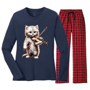 Funny Orchestra Musician Violinist Cute Cat Playing Violin Women's Long Sleeve Flannel Pajama Set 