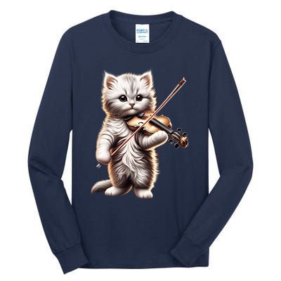 Funny Orchestra Musician Violinist Cute Cat Playing Violin Tall Long Sleeve T-Shirt