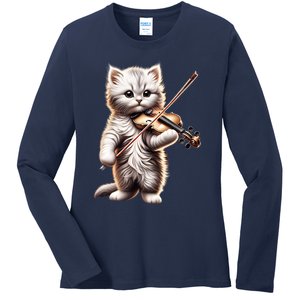 Funny Orchestra Musician Violinist Cute Cat Playing Violin Ladies Long Sleeve Shirt