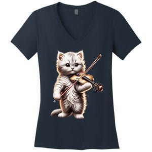 Funny Orchestra Musician Violinist Cute Cat Playing Violin Women's V-Neck T-Shirt