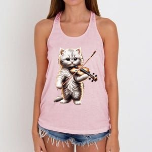 Funny Orchestra Musician Violinist Cute Cat Playing Violin Women's Knotted Racerback Tank