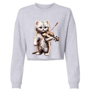 Funny Orchestra Musician Violinist Cute Cat Playing Violin Cropped Pullover Crew