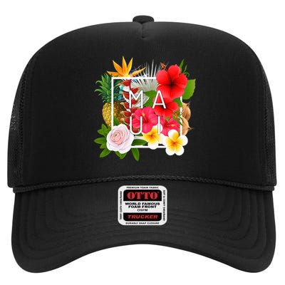 Flowers Of Maui Word Art Hawaiian Island Hawaii Strong High Crown Mesh Back Trucker Hat