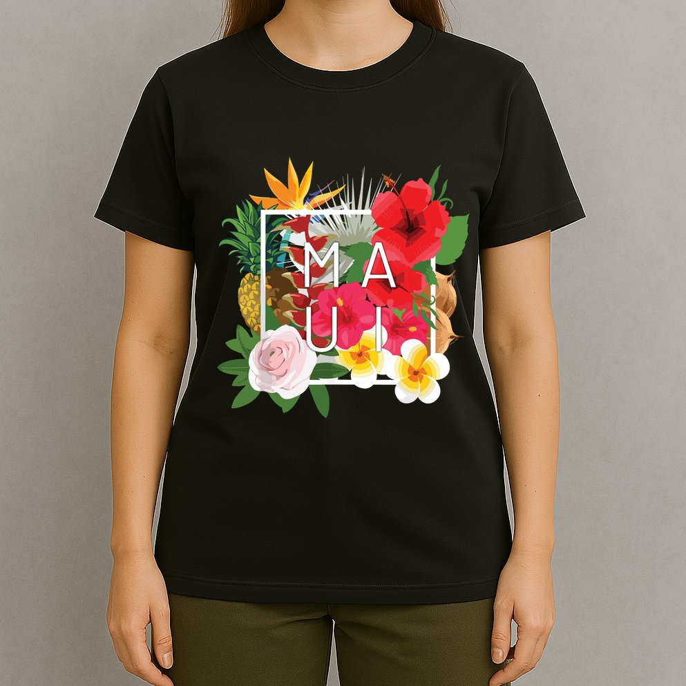 Flowers Of Maui Word Art Hawaiian Island Souvenir T-Shirt