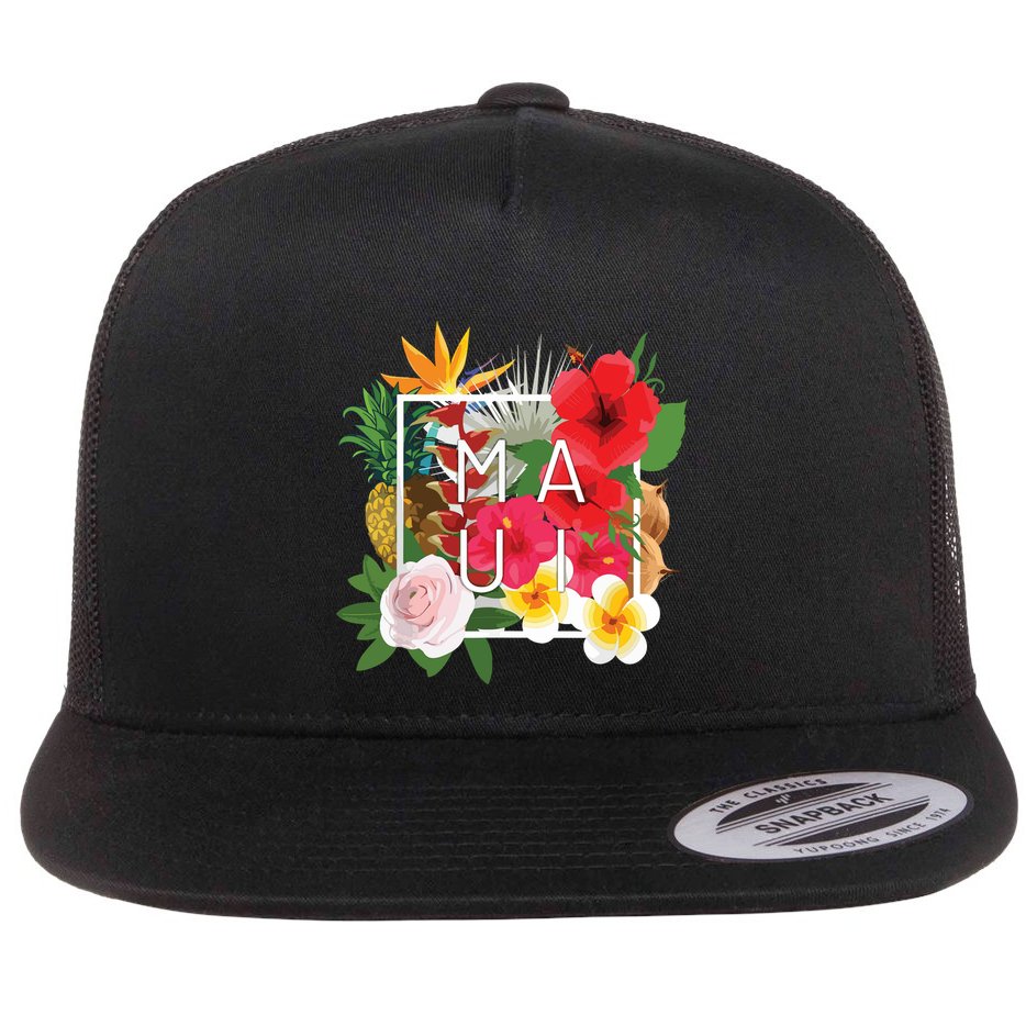 Flowers Of Maui Word Art Hawaiian Island Souvenir Flat Bill Trucker Hat