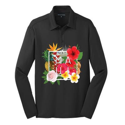 Flowers Of Maui Word Art Hawaiian Island Souvenir Silk Touch Performance Long Sleeve Polo